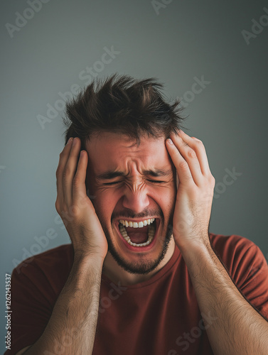 Schreiender Mann, emotionales Portrait eines schreienden Mannes mit verzweifeltem Gesichtsausdruck, der sich den Kopf hält, authentische Aufnahme von Stress und Schmerz photo