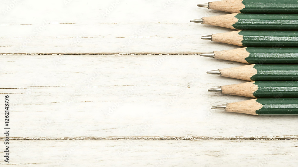 Obraz premium Group of Sharpened Green Wood Pencils Arranged on Textured White Wooden Surface in Studio Setting