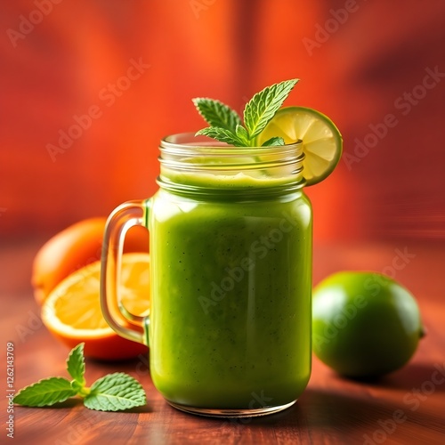 Wallpaper Mural Green Smoothie in a Glass Jar with Mint and Lime Slice, with Blurred Orange Background Torontodigital.ca