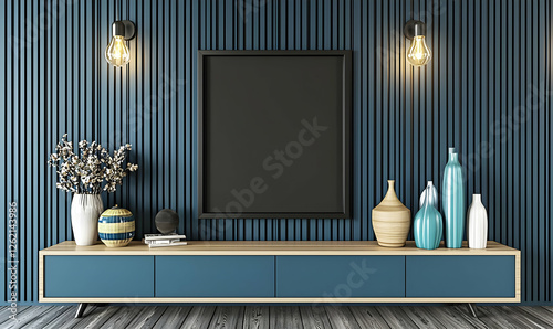 Modern living room, blue wall, empty frame, vases, mockup photo