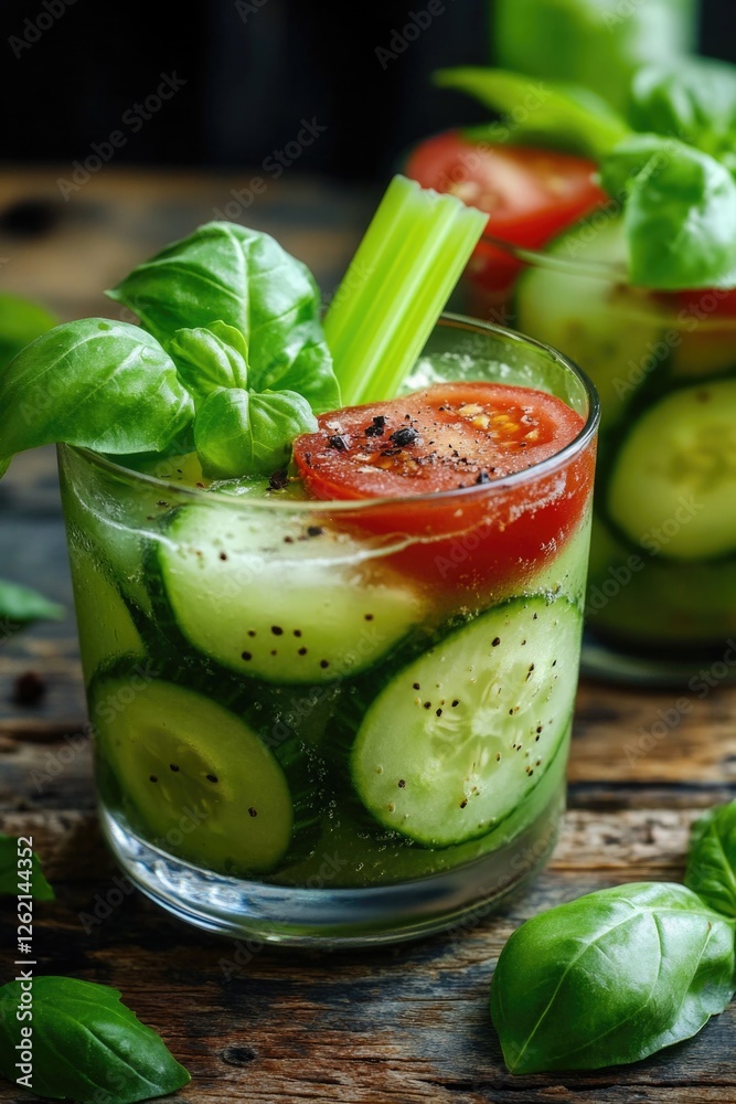 Cocktail glass of juice with cucumber and tomato slices, garnished with parsley. Cocktail glass of juice with cucumber and tomato slices, garnished with parsley.