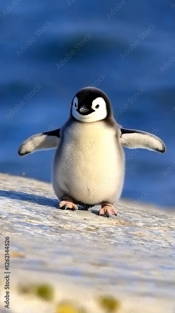 Naklejka premium Adorable Baby Penguin Taking Step On Beach