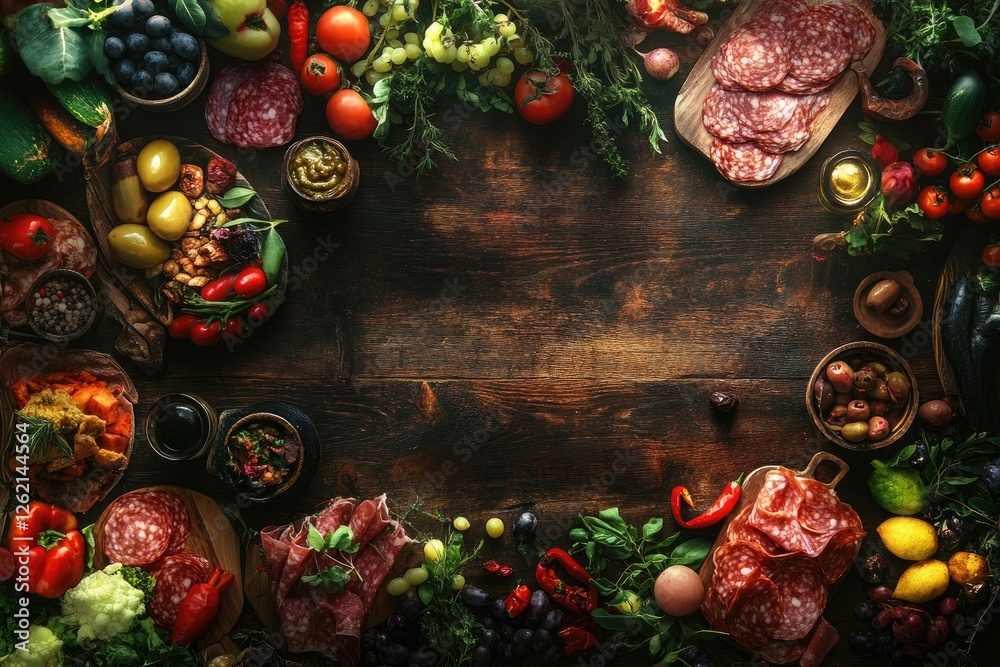 Mediterranean food platter, rustic wood, overhead, copy space, recipe Mediterranean food platter, rustic wood, overhead, copy space, recipe