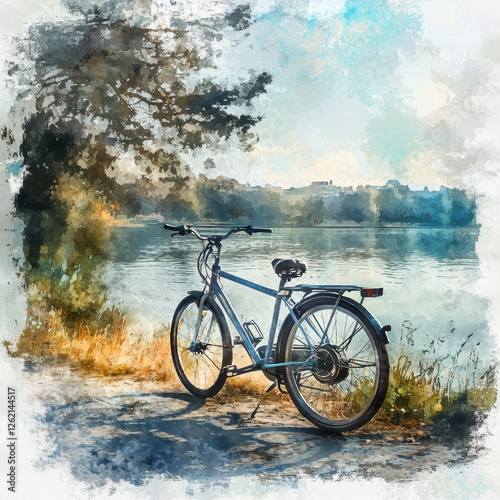 A bicycle parked on a scenic pathway beside a shimmering lake, surrounded by lush greenery and under a clear blue sky.