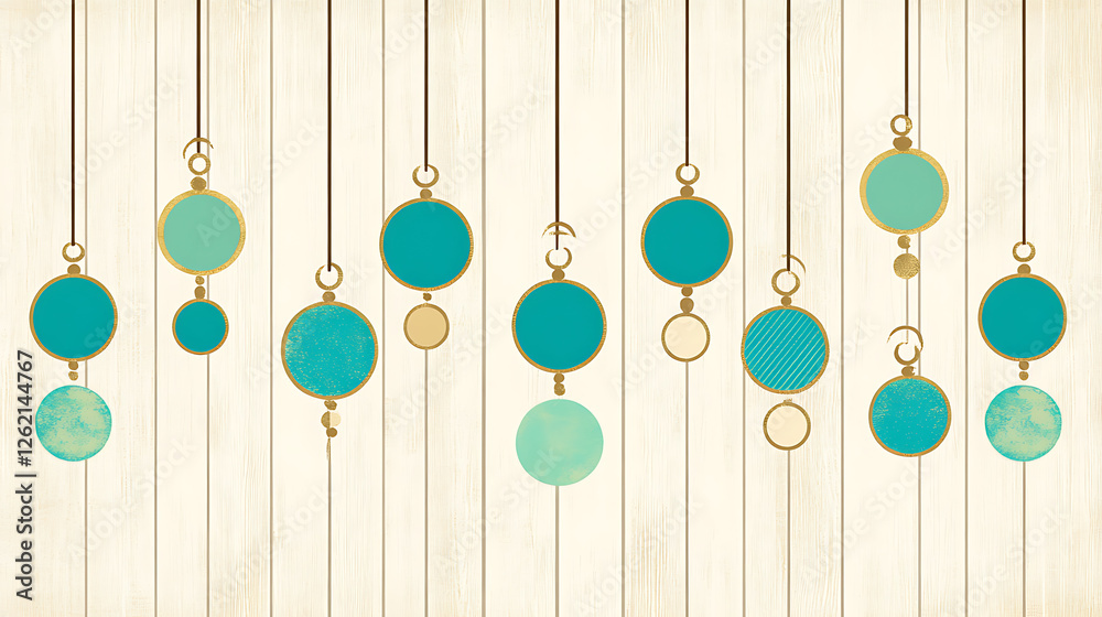 Fototapeta premium Hanging Ornaments Adorn Festive Wood Panel Background Charming Celebration Decor and Design Element