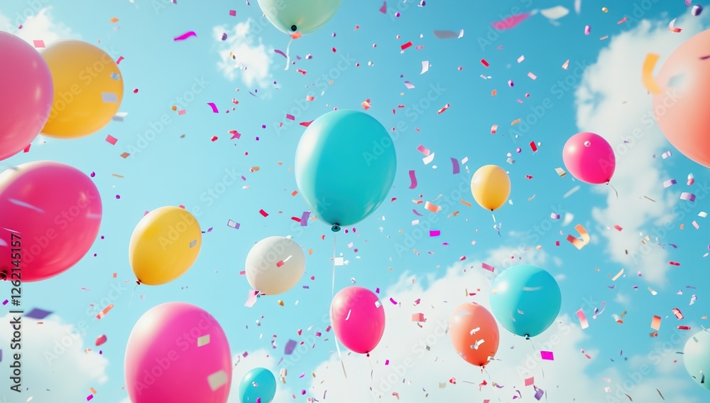 Colorful Balloons Ascend with Confetti Celebration in Sky Colorful Balloons Ascend with Confetti Celebration in Sky