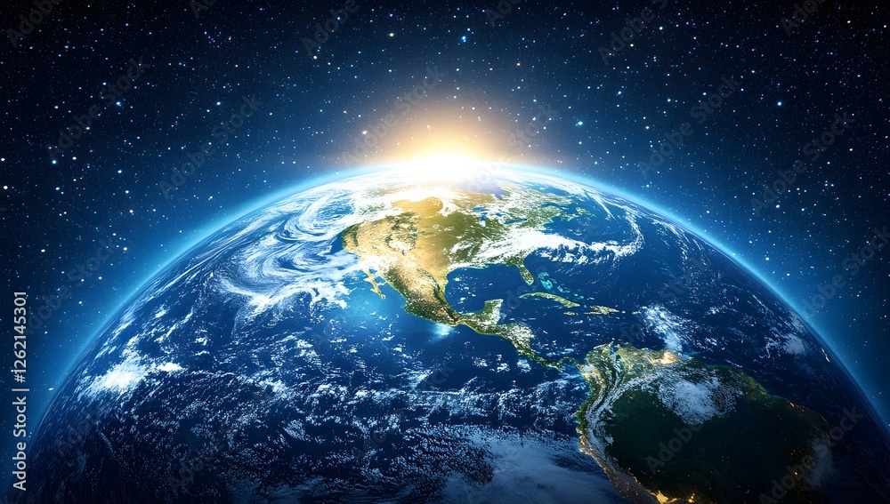 Obraz premium Earth rising from cosmos, sunrise view, global perspective