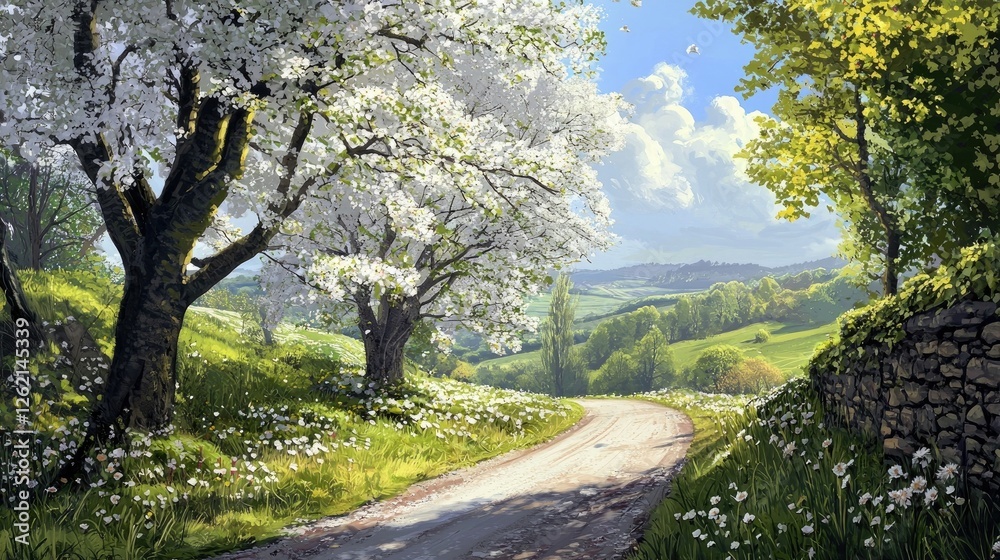 A picturesque rural path lined with blooming cherry blossom trees. The scene is filled with vibrant pink petals, stone walls, and a lush green valley in the background. Generative AI. A picturesque rural path lined with blooming cherry blossom trees. The scene is filled with vibrant pink petals, stone walls, and a lush green valley in the background. Generative AI.