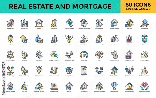 Real estate and mortgage icon set with home buying, property search, house hunting, real estate investment, open house, listing agent, closing process  icon. Simple lineal color vector 
