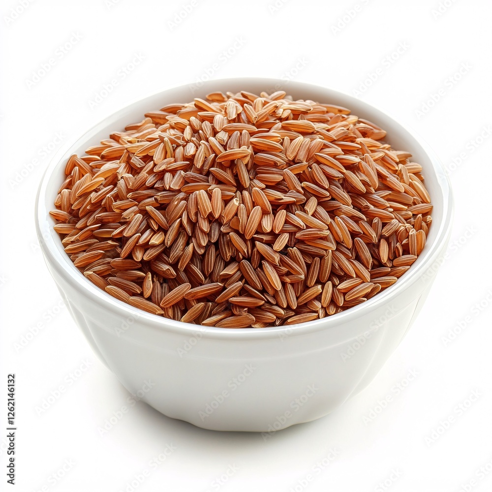 Fresh Raw Brown Rice Grains in a White Bowl on Bright Background Fresh Raw Brown Rice Grains in a White Bowl on Bright Background