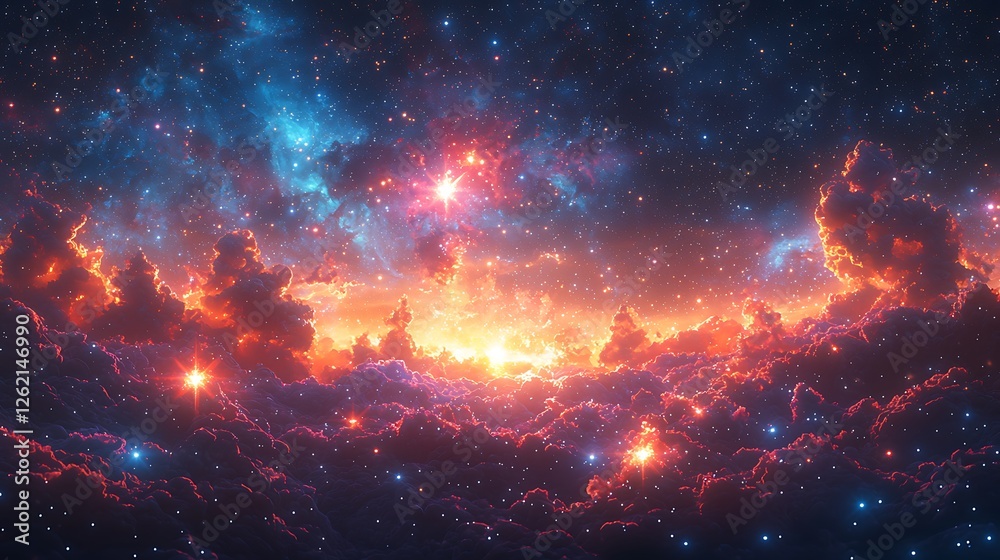 Naklejka premium Cosmic Cloudscape: A breathtaking vista of otherworldly clouds, swirling and glowing in vibrant hues of red and blue, with a constellation of twinkling stars. The scene evokes a sense of wonder.