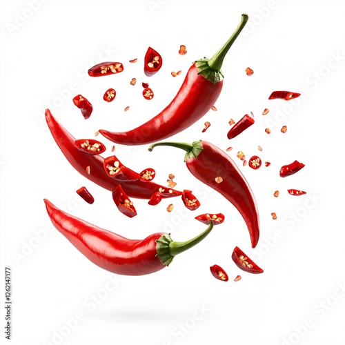 Fresh Red Chili Peppers and Flakes Captured in Dynamic Motion