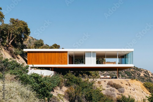 Modern hillside house with wooden and glass design photo