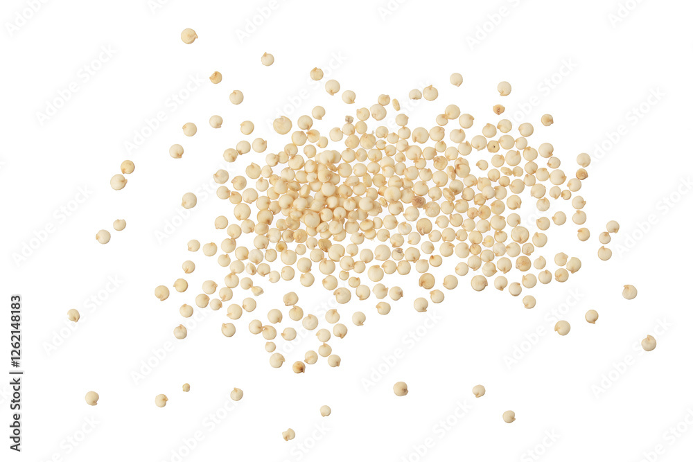 white quinoa seeds isolated on white background. Top view. Flat lay. white quinoa seeds isolated on white background. Top view. Flat lay.