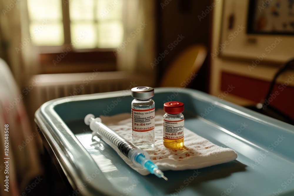 A close-up of a syringe and vaccine vial on a tray, A close-up of a syringe and vaccine vial on a tray,