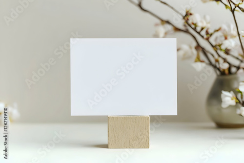 Blank postcard displayed upright on a small wooden stand for branding or design ideas.