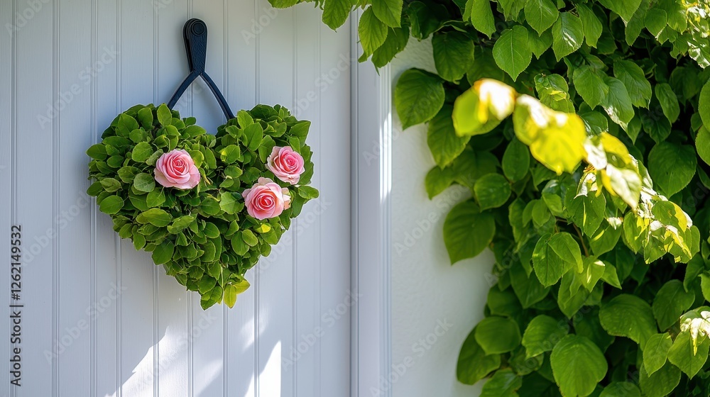 Fototapeta premium Heart Shaped Wreath Adorns White Door With Roses
