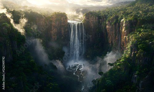 Aerial view of cascading waterfalls framed by cliffs and rainforest.