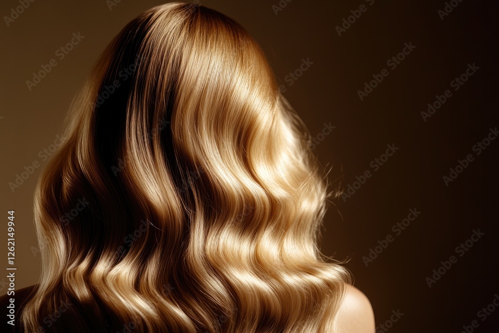 Fototapeta premium Soft, wavy hair cascades elegantly, illuminated by warm, gentle