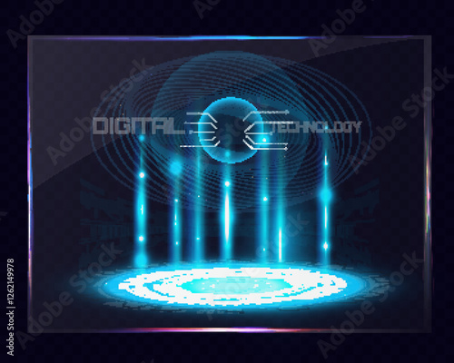 Futuristic sci-fi teleportation portal with glowing blue energy beams and digital interface. High-tech holographic effect with neon lights.