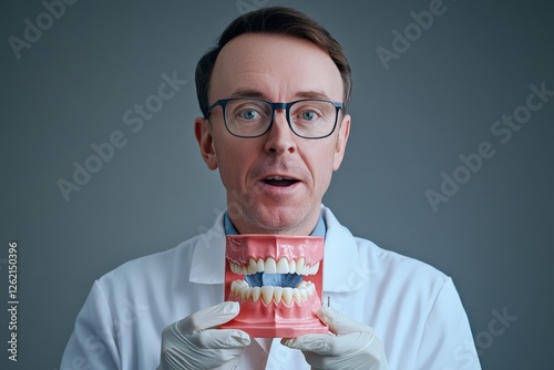 A dentist holding a model of teeth and explaining oral hygiene, photo