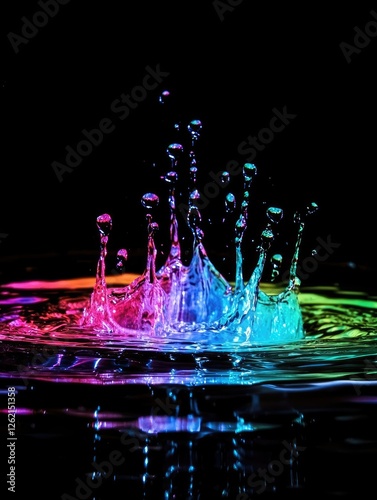 Colorful liquid splash, dark background, vibrant droplets, abstract art, design photo