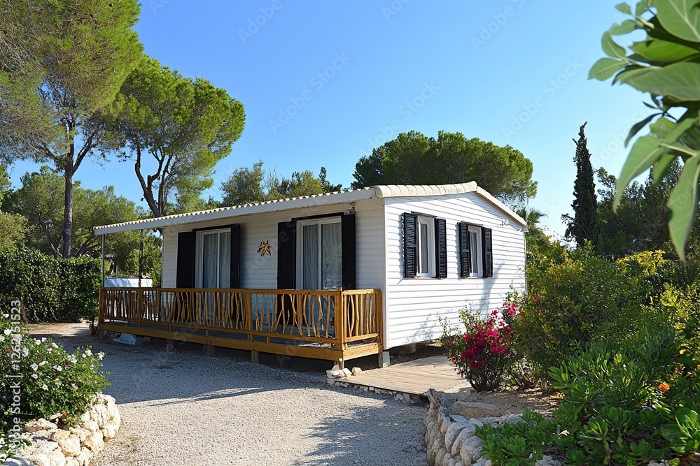 Fototapeta premium Vacation Home: Discover White Modern Mobile Cabin with Deck, Lush Greenery, and Sunny Outdoors.