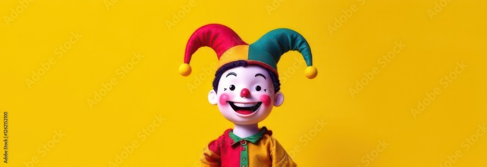 Smiling harlequin puppet on yellow background with copy space Smiling harlequin puppet on yellow background with copy space