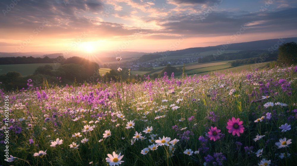 Fototapeta premium Sunrise over wildflowers, valley village, idyllic landscape, nature scene, travel