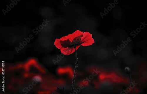 A single red poppy flower against a dark background