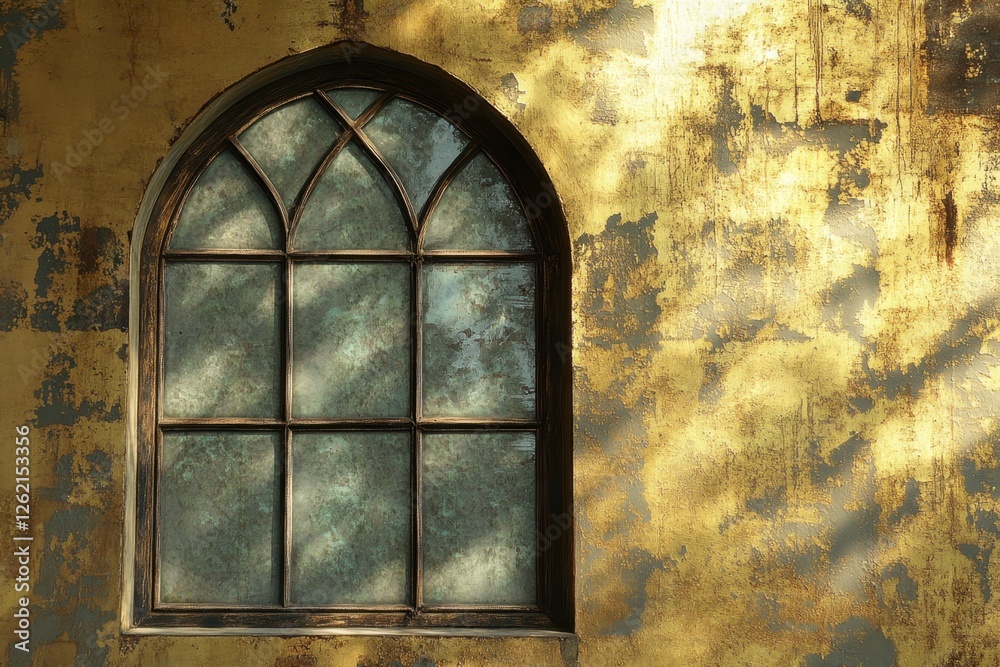 Arched window in a weathered golden wall with reflections