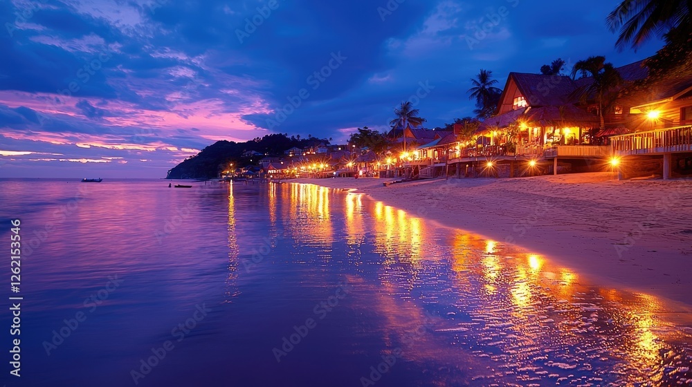 Naklejka premium Beachfront village at twilight, vibrant colors reflecting in the water, vacation destination