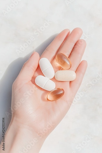 Hand holding assorted dietary supplements with soft, neutral bac