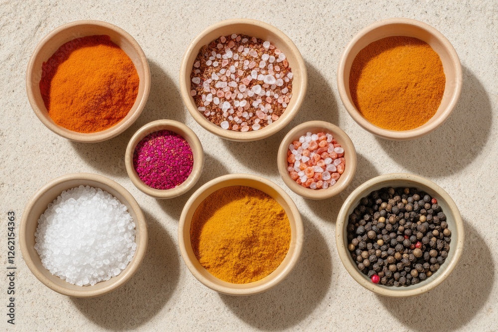 Colorful array of spices arranged in bowls, showcasing vibrant t Colorful array of spices arranged in bowls, showcasing vibrant t
