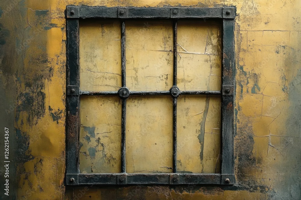 An old window with iron bars on a weathered wall An old window with iron bars on a weathered wall