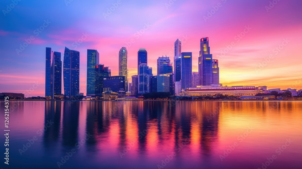 Fototapeta premium Singapore skyline reflected in the water at a colorful sunset