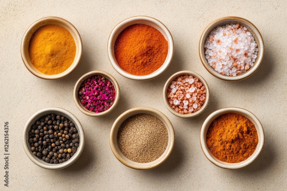 Colorful spices arranged in bowls highlight culinary diversity a Colorful spices arranged in bowls highlight culinary diversity a