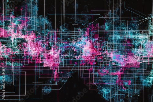 Neon pink and cyan gridlines interweave into complex waveforms, glowing brightly against a digital black backdrop.