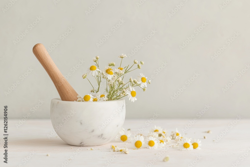 Delicate chamomile blooms in mortar create serene, natural atmos Delicate chamomile blooms in mortar create serene, natural atmos
