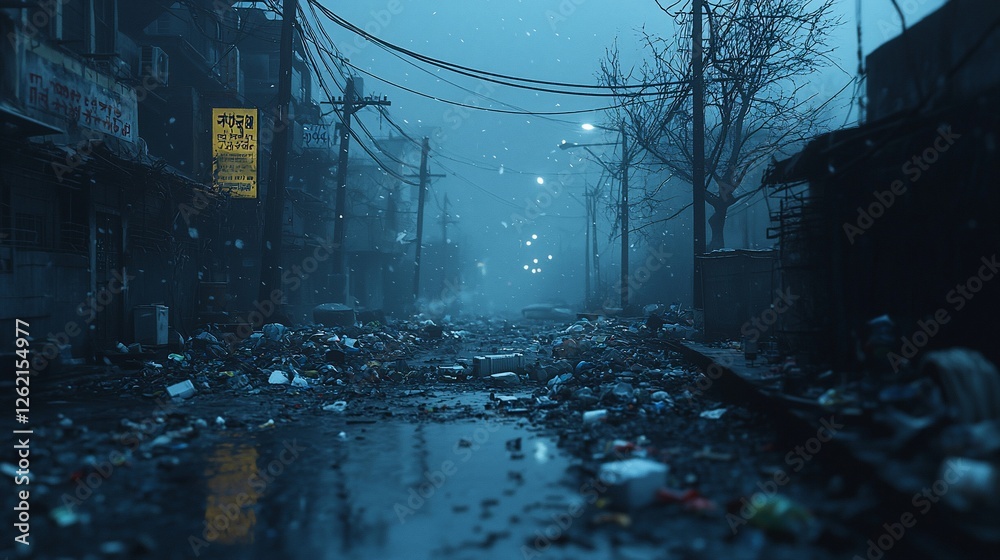 Fototapeta premium Abandoned urban street at night, littered with garbage, under a misty, blue atmosphere