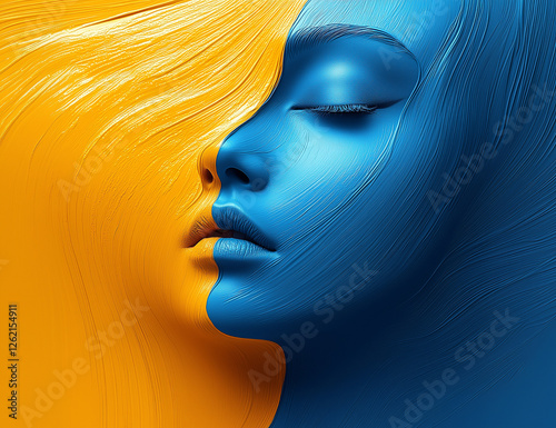 Two faces in vibrant blue and orange textures blend harmoniously, symbolizing duality and connection in art