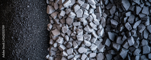 Macro shot of asphalt aggregate gradation analysis, showcasing fine, medium, and coarse particles. textures and colors create striking visual