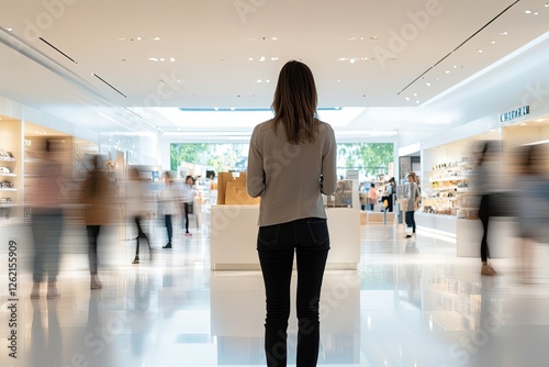 Woman stands calmly amid bustling shoppers in bright, modern ret photo