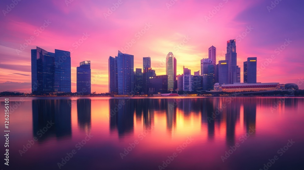 Fototapeta premium Singapore skyline glows beautifully during sunset reflecting on water