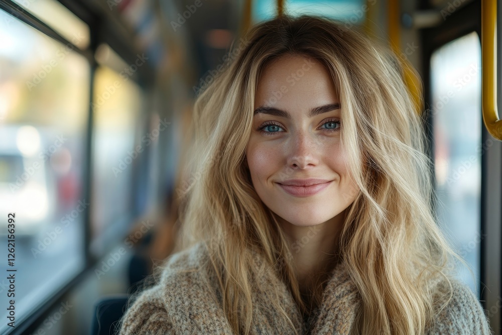 Happy passenger lady standing in modern tram enjoying comfortable ride in public transport indoors, riding by bus or trolleybus, Generative AI