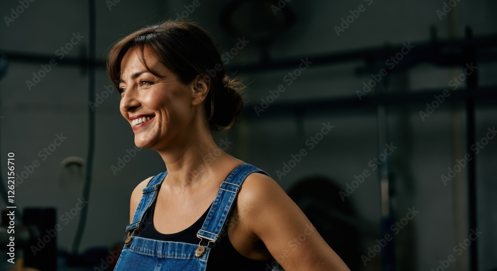 Smiling hispanic adult female in blue denim overalls indoors Smiling hispanic adult female in blue denim overalls indoors