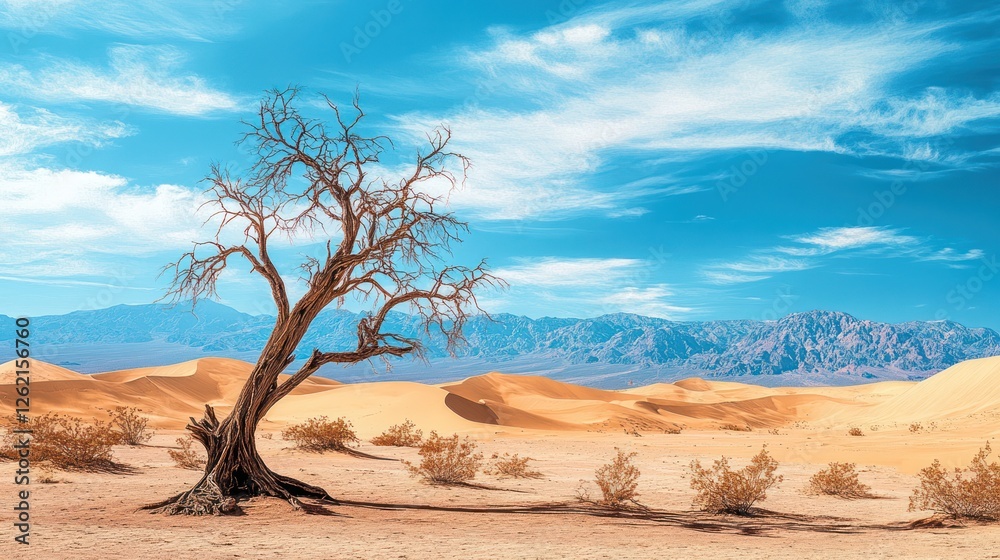 Lone desert tree, sand dunes, mountains, sunny sky; nature landscape Lone desert tree, sand dunes, mountains, sunny sky; nature landscape