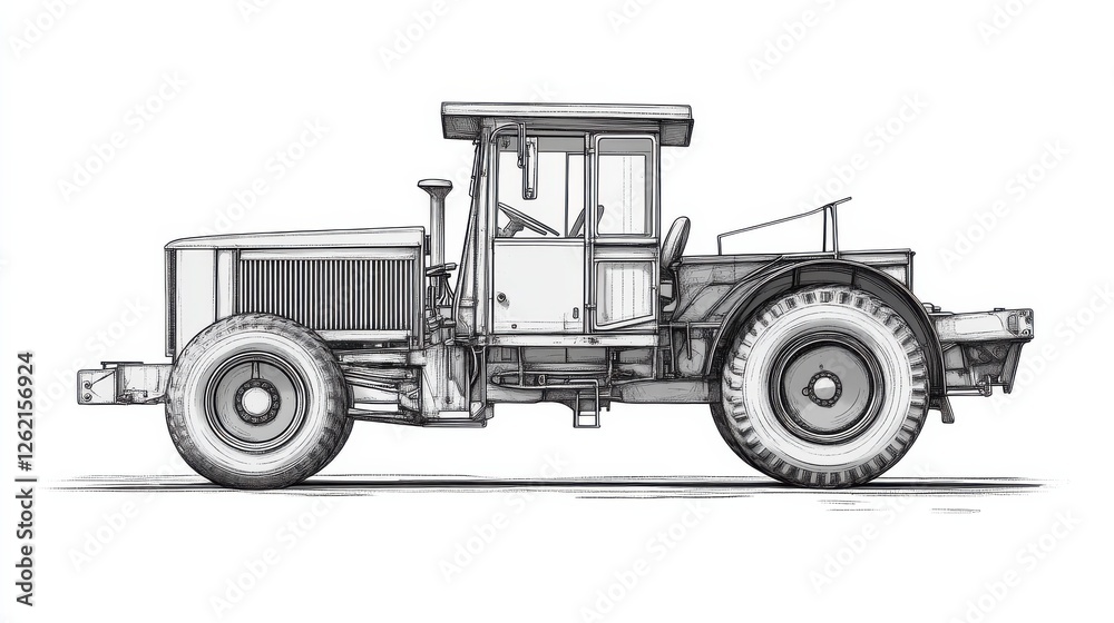 Detailed Sketch of a Classic Agricultural Tractor in Profile View Detailed Sketch of a Classic Agricultural Tractor in Profile View