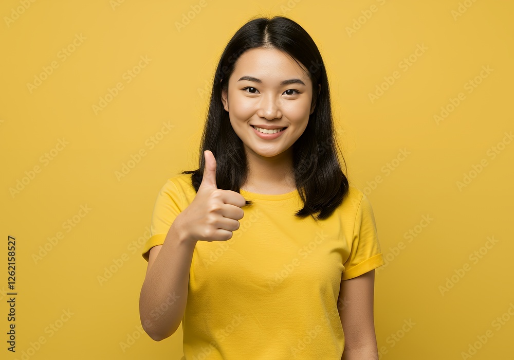 Smiling Asian Woman Giving Thumbs Up on Yellow Background for Approval Smiling Asian Woman Giving Thumbs Up on Yellow Background for Approval