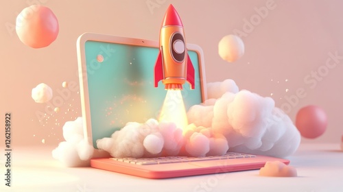 Creative Startup Launch, Rocket Taking Off from Laptop in Dreamy Pastel Scene